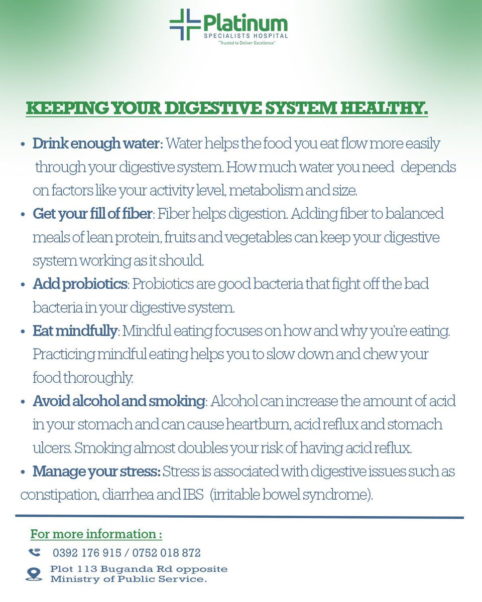 ✨Health Tip✨

Visit us at Plot 113 Along Buganda Road or Call 
039 2176915 / +256 752 018872 for appointments.

#DigestiveWellness