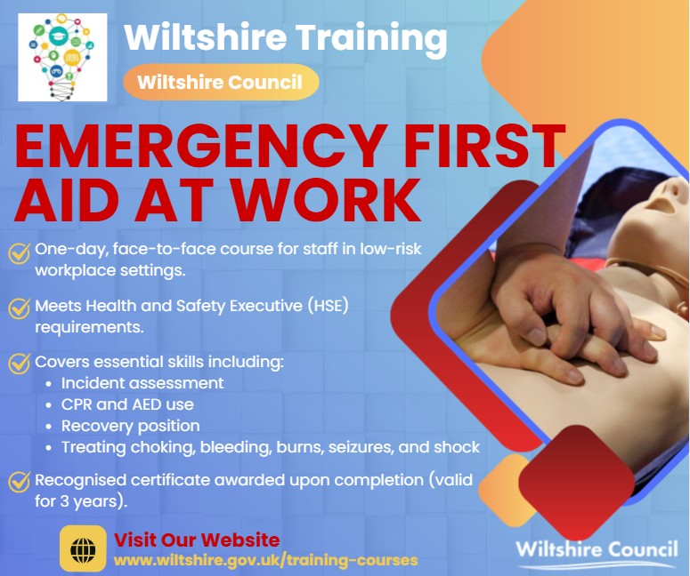 💡 Wiltshire Training are running the following course:

Emergency first aid at work 

📅  17th December 2025
🕙 9.30am - 4.30pm
📍 County Hall, Trowbridge, BA14 8JN

To find out more and book:

orlo.uk/yLAys

*If you work in a school please book via Right Choice