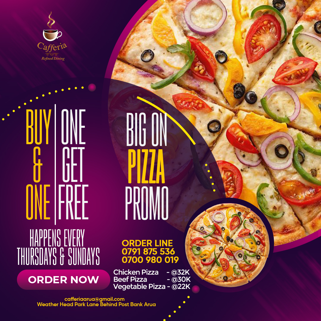 Cafferia Arua (@cafferiaarua) on Twitter photo Level up your week with the BIG ON PIZZA PROMO from Cafferria - Refined Dining! ๐คฉ
Get a pizza for FREE when you buy one. This amazing deal happens every Thursday and Sunday!
Choose from:
Chicken Pizza - @32K
Beef Pizza - <a href="/30K/">Cris</a>
Vegetable Pizza - <a href="/22K/">Kevin Lomasang</a>
ORDER NOW!
๐ 0791 875 536 Level up your week with the BIG ON PIZZA PROMO from Cafferria - Refined Dining! ๐คฉ
Get a pizza for FREE when you buy one. This amazing deal happens every Thursday and Sunday!
Choose from:
Chicken Pizza - @32K
Beef Pizza - <a href="/30K/">Cris</a>
Vegetable Pizza - <a href="/22K/">Kevin Lomasang</a>
ORDER NOW!
๐ 0791 875 536