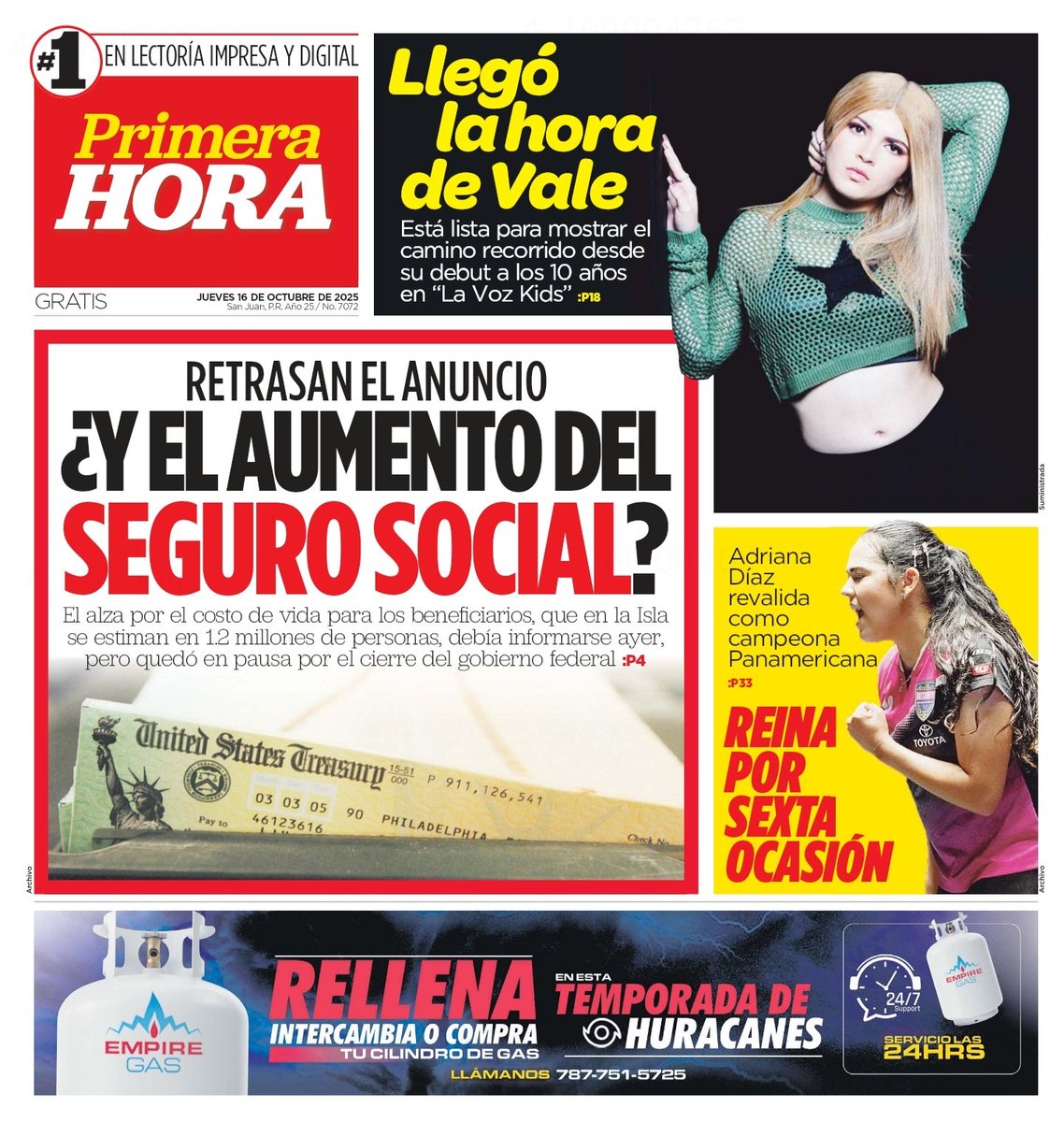 Aquí la Portada de Primera Hora de Hoy Jueves, 16 de Octubre de 2025 #PUR