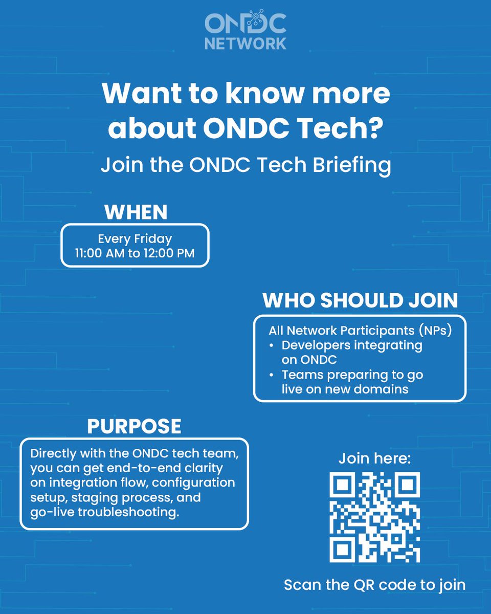 ONDC_Official's tweet image. Integrating on ONDC? Join our Tech Briefing every Friday, 11 AM.

Get all your integration and go-live queries answered straight from the ONDC tech team. 

Scan the QR to join!

#ONDCNetwork #TechBriefing #OpenCommerce #Developers
