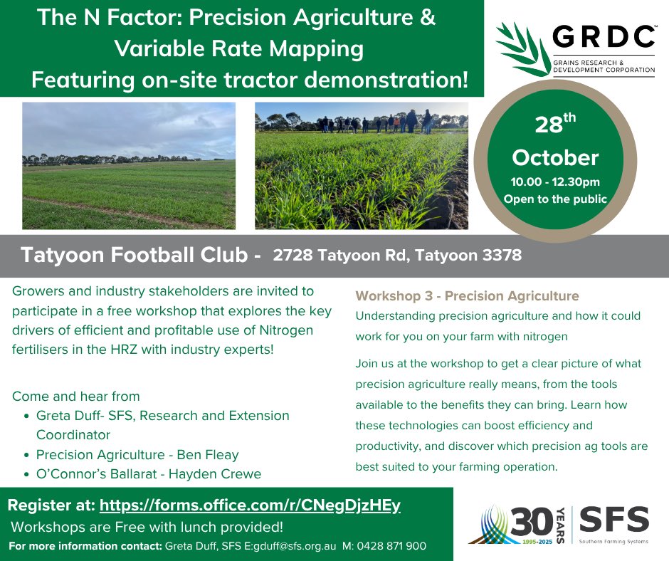 FREE Nitrogen Workshop @ Tatyoon

Curious about precision ag and nitrogen? 🌾
Find out how it can boost your farm’s efficiency  and see it in action with a live tractor demo! 🚜
Register now 👉 forms.office.com/r/CNegDjzHEy
