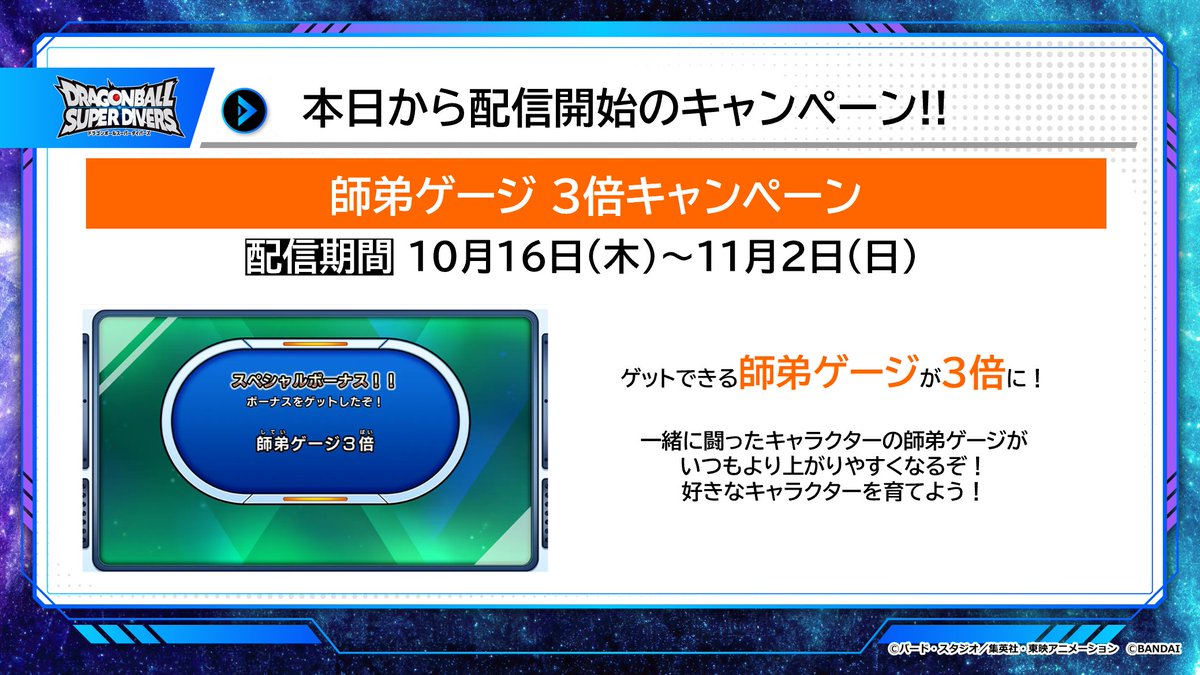 #ドラゴンボールスーパーダイバーズ
6弾 ゲーム情報
／
📢本日スタート📢
師弟ゲージ3倍キャンペーン✨✨
＼

一緒に闘ったキャラクターの師弟ゲージが
いつもより上がりやすくなるぞ！
好きなキャラクターを育てよう👊
期間は11月2日(日)まで！

詳しくはこちら⏬
dbsdv.com/news/121.php

#DBSDV