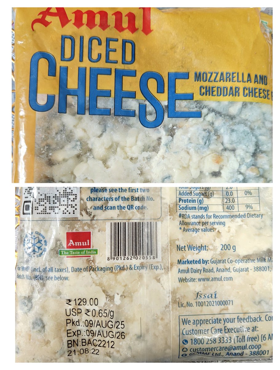 frasat007's tweet photo. Found fungus in a sealed pack of diced cheese at home that’s well within its expiry date (9Aug 2026)
Unacceptable quality issue! @Amul_Coop please look into this urgently.

Whom can I contact for this issue?
@fssaiindia  @jagograhakjago
#Amulindia #Amulcheese #Cheese #FoodSafety https://t.co/ntgJf1S1BR