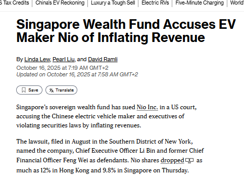 Breaking: NIO accused of inflating revenue. <a href="/NIOGlobal/">NIO</a> 

Singapore's sovereign weath fund (GIC, an absolute heavy weight in the financial world) has sued Nio in a US court accusing the Chinese EV maker and CEO/founder William Li and former CFO Feng Wei violating securities laws