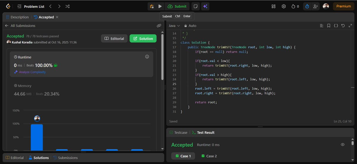 Kushal_Koradia's tweet image. Day 119 of #150DaysOfDSA
LC 669: Trim a BST 🌲
Pruned nodes outside [low, high] while preserving BST structure.
Too small → go right, too large → go left. Otherwise, trim children and return node.
Clean recursion → O(n) time, O(h) space.

#Recursion #BinaryTrees