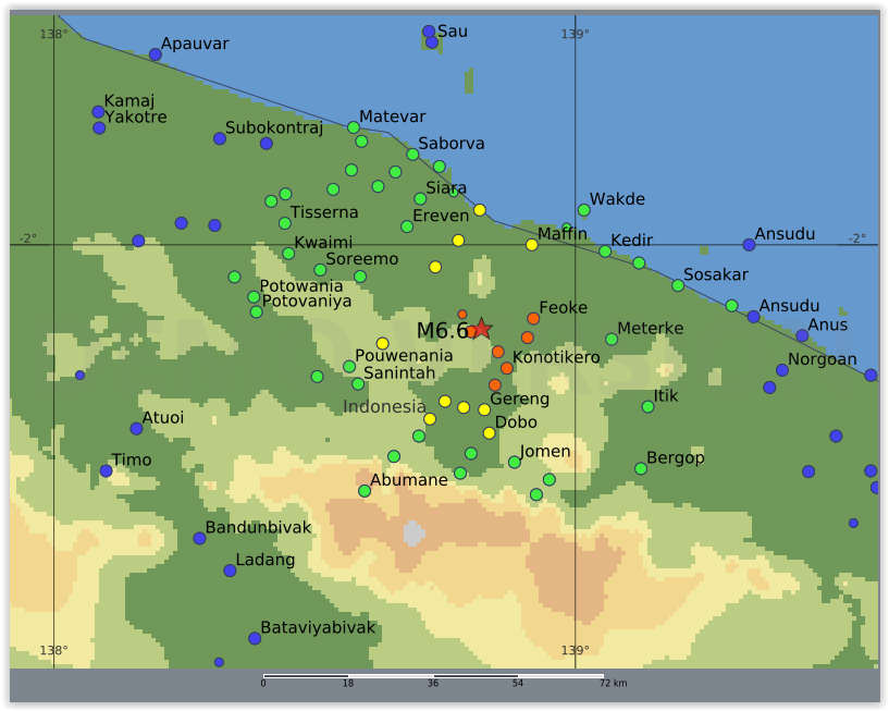 QLARM's tweet image. EARTHQUAKE M6.6. Origin Time: 2025-10-16 05:49:00 UTC, Irian Jaya, Indonesia (-2.16 ; 138.82), Depth: 10.0 km, (source(s): GFZ). Estimated fatalities: 100 to 800, injured: 300 to 2200