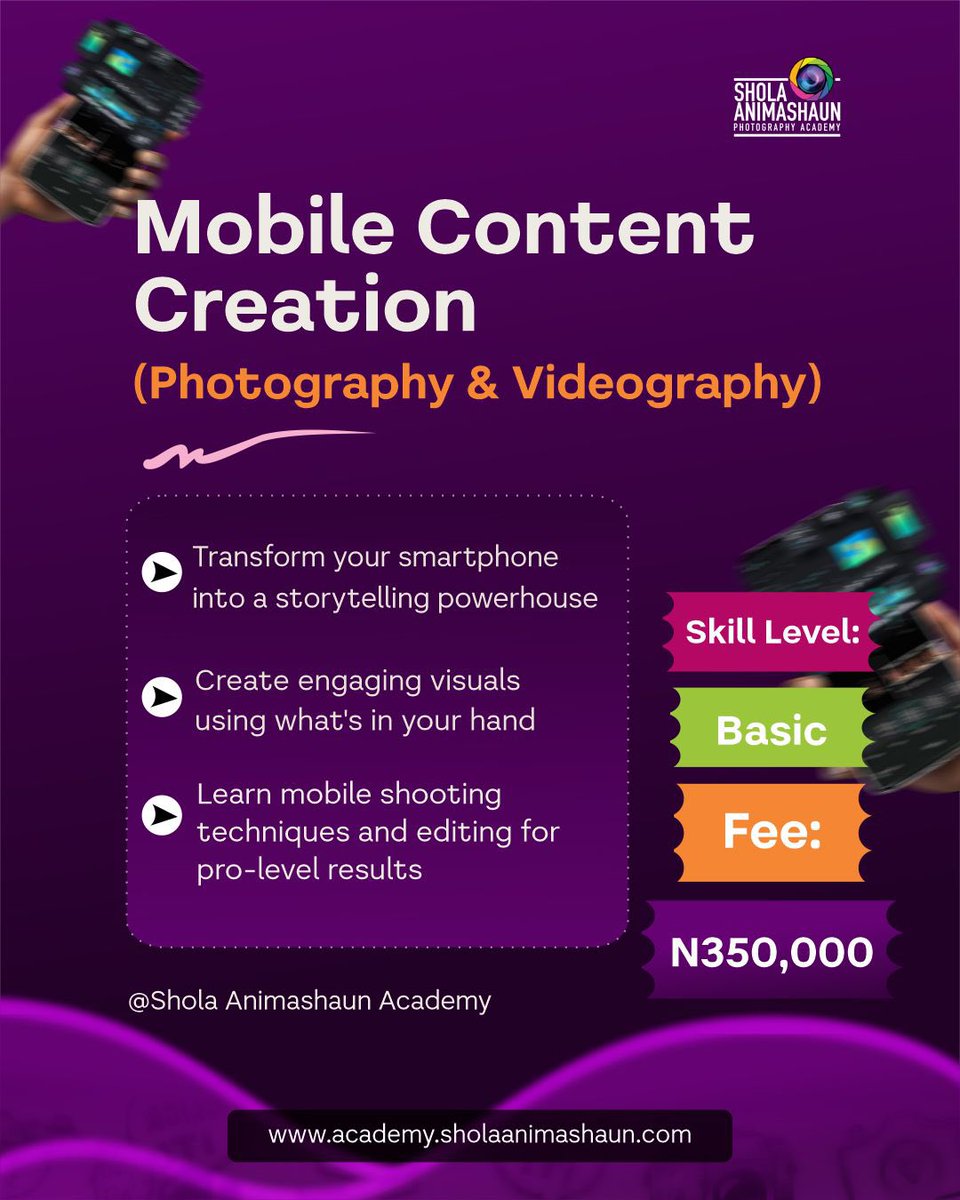 saphotoAcademy's tweet image. Learn the art of photography, videography, and editing at Shola Animashaun Photography Academy.

Start your creative journey register via the link in bio. 1/2

#saphotoacademy #learnphotography #videography #photoacademy