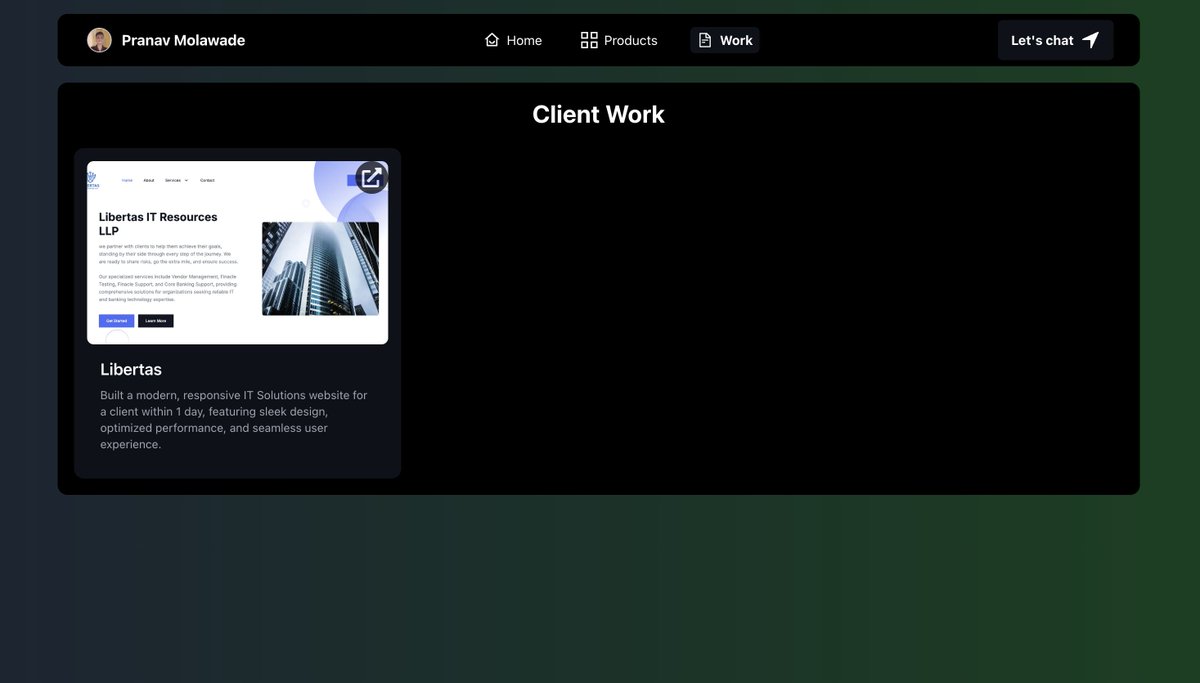 molawade_pranav's tweet image. Just added a Work tab on my portfolio — the projects I’ve built for my clients
thinking to make it more engaging — what kind of design or showcase would look best? 👀
check it out 👉pranavmolawade.com/work