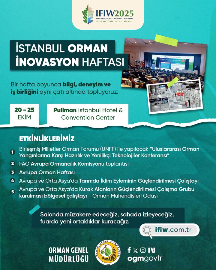 Promotional poster for Istanbul Forest Innovation Week with green leaf accents and event logo at the top. Text details the event as a week-long gathering of knowledge, experience, and collaboration from Turkeys leading institutions and firms, including fairs, exhibitions, and panels. Schedule shows 20-25 October at Pullman Istanbul Hotel and Convention Center. Sections list activities like International Forestry Forum on AI applications, FAO Forestry Career and Talent Congress, and Europe Forestry Week Turkey Coordination. Logos of IFIW, Orman Genel Mudurlugu, and social media handles appear at the bottom.