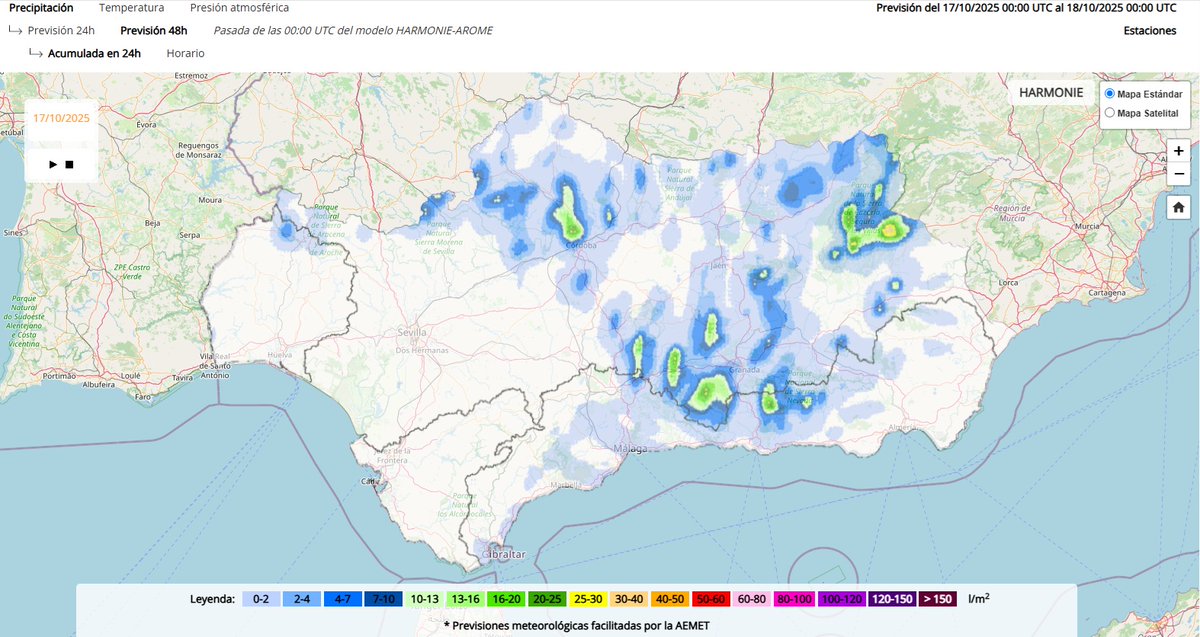 Mapa de previsión de precipitación acumulada en 24h para MAÑANA según el modelo HARMONIE-AROME facilitado por AEMET. redhidrosurmedioambiente.es/saih/prediccio…