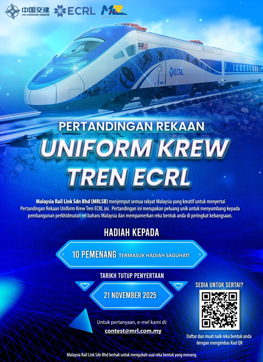 𝐏𝐄𝐑𝐓𝐀𝐍𝐃𝐈𝐍𝐆𝐀𝐍 𝐑𝐄𝐊𝐀𝐀𝐍 𝐔𝐍𝐈𝐅𝐎𝐑𝐌 𝐊𝐑𝐄𝐖 𝐓𝐑𝐄𝐍 𝐄𝐂𝐑𝐋

Malaysia Rail Link Sdn Bhd menjemput semua rakyat Malaysia yang kreatif untuk menyertai Pertandingan Rekaan Uniform Krew Tren ECRL!

📅Tarikh Tutup Penyertaan: 21 Nov 2025

#ECRL
 #EastCoastRailLink