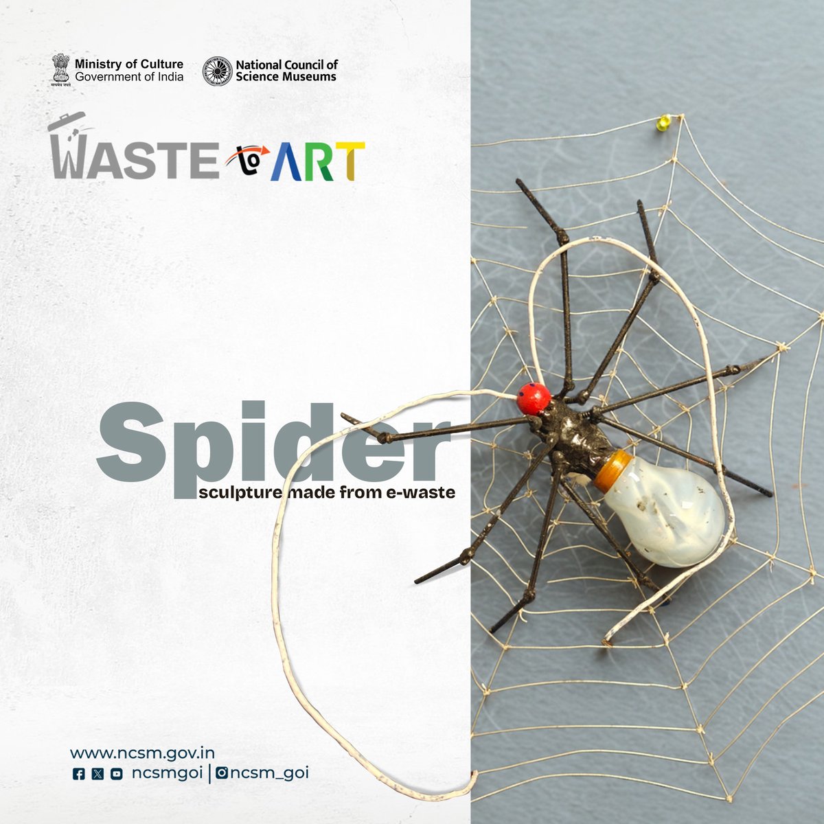 ncsmgoi's tweet photo. Spinning sustainability into every strand!🕷️♻️

Meet the master weaver! A spider sculpted from e-waste by @DSCDharampur a unit of @ncsmgoi, @MinOfCultureGoI.

#UpcycledArt #CreativeRecycling #EcoArt #SpecialCampaign5 https://t.co/Dd9WjZj0yD