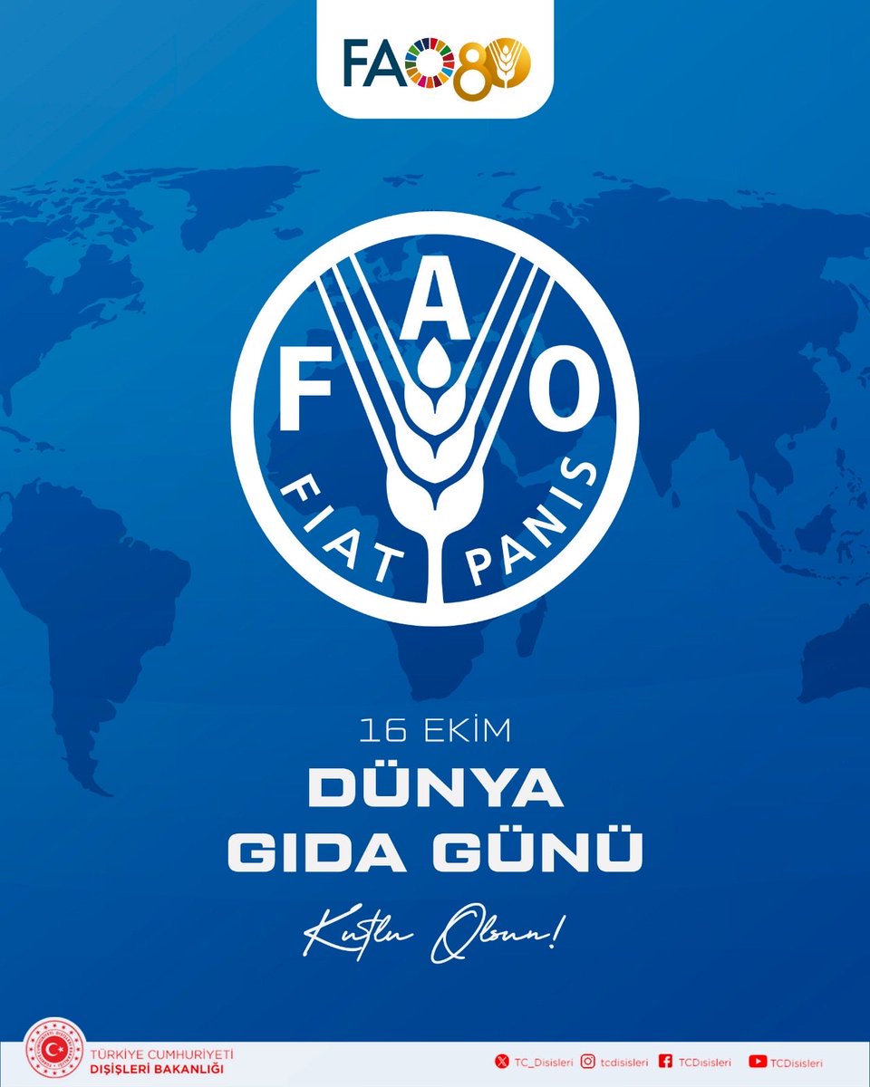 Dünya Gıda Günü vesilesiyle, FAO’yla köklü işbirliğimizi sürdürme taahhüdümüzü teyid ediyoruz. 
Dünyanın birçok yerindeki gıda krizlerinin bertaraf edilmesi için Türkiye insani yardım faaliyetlerini kararlılıkla devam ettirecektir.