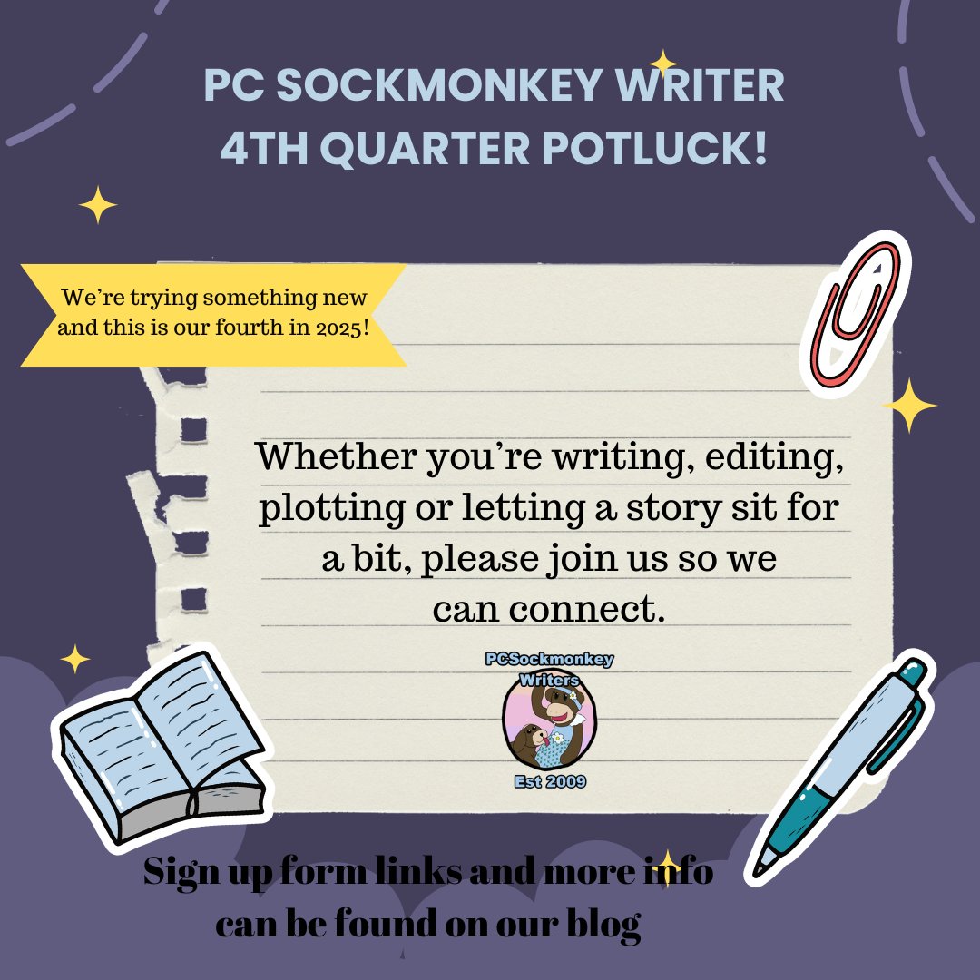 PCWriter2's tweet image. I know it's semi-short notice, but I'm trying to get it in before our traditional Midway Pie Day and our Winter Book Exchange... so, here's the info on our 4th Quarter Potluck and mini Preptober. I hope you'll attend! writinginpierce.blogspot.com/2025/10/sockmo…