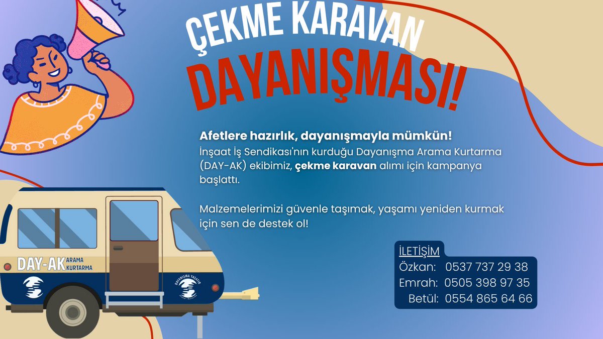 dayanismaarama's tweet photo. TÜM DOSTLARIMIZA ÇAĞRIMIZDIR…

ÇEKME KARAVAN DAYANIŞMASI

Afet bölgelerinde yürüttüğümüz arama kurtarma çalışmalarında, ekip malzemelerimizi güvenle taşıyabilmek ve sahada barınma alanı oluşturabilmek için çekme karavan alımı kampanyası başlattık. https://t.co/8qE9e0Y6fG