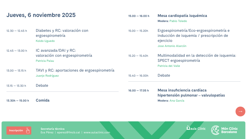 ⏳ VII Reunión Nacional de Ergoespirometría. Os esperamos a todos a la principal reunión CPET  🇪🇸 con ponentes 🔝 y una completa actualización. No te la puedes perder, inscripciones en enlace 👇🏼
<a href="/hospitalclinic/">Hospital Clínic</a> <a href="/preventiva_SEC/">Cardiología Preventiva</a> <a href="/Ergoespiro_SEC/">Grupo Trabajo Ergoespirometría SEC</a> 
🔗aulaclinic.com/cursos/1334/vi…
