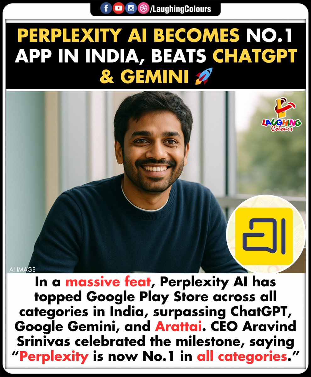 LaughingColours's tweet image. Tops iOS charts in India 🔝

#PerplexityAI #ChatGPT #AIApp #Airtel #TechNews #India