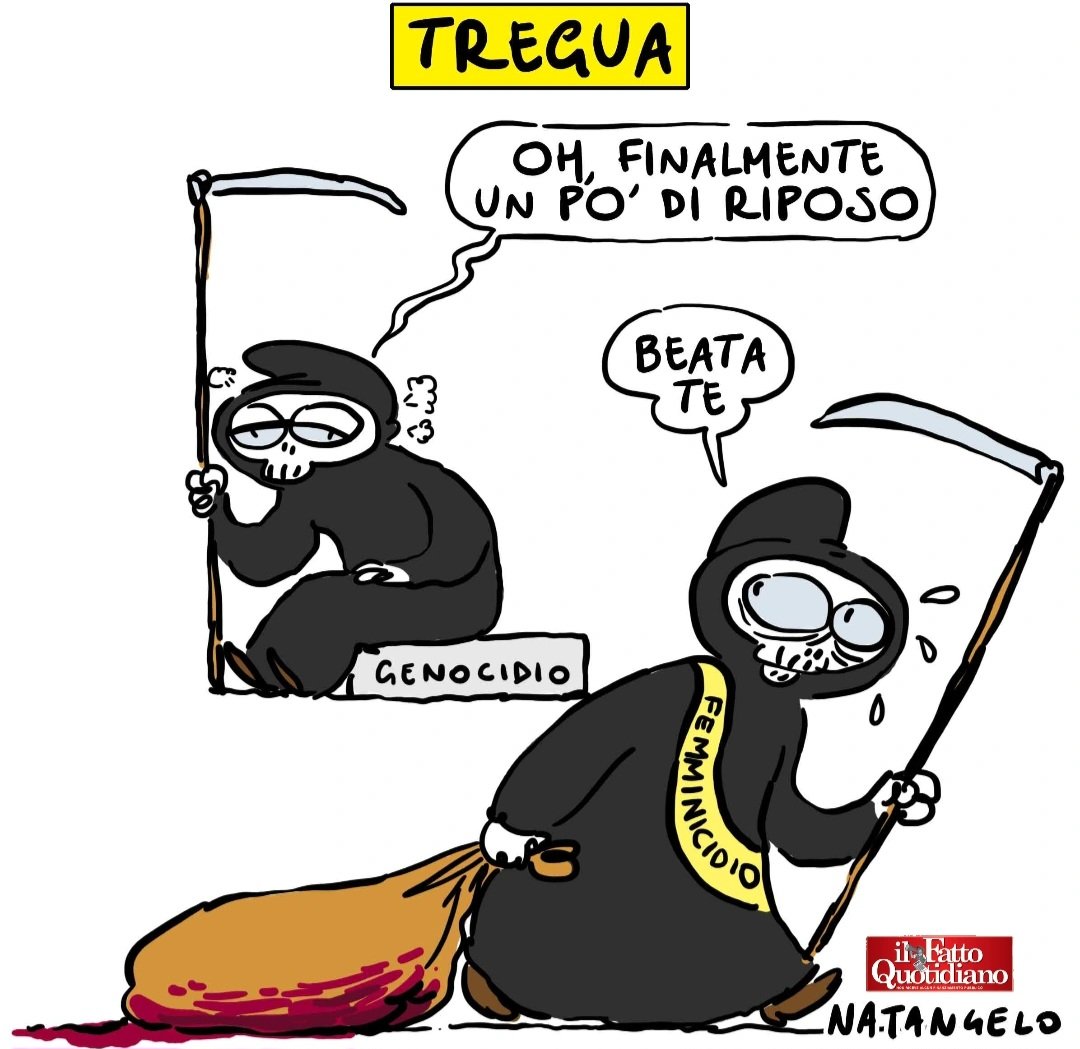 Senza tregua - la mia vignetta per la prima pagina de Il Fatto Quotidiano oggi in edicola

#femminicidio #pamelagenini #vignetta #fumetto #satira #ilfattoquotidiano #natangelo