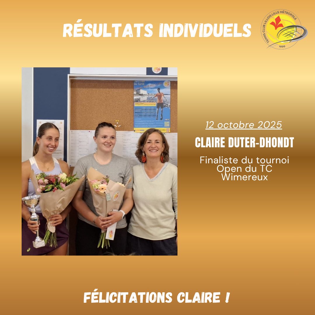 Félicitations à Claire Duter Dhondt, finaliste dimanche dernier à l’Open du TC Wimereux 👏👏👏

Souhaitons à Claire une belle saison et de nombreuses victoires 🏆