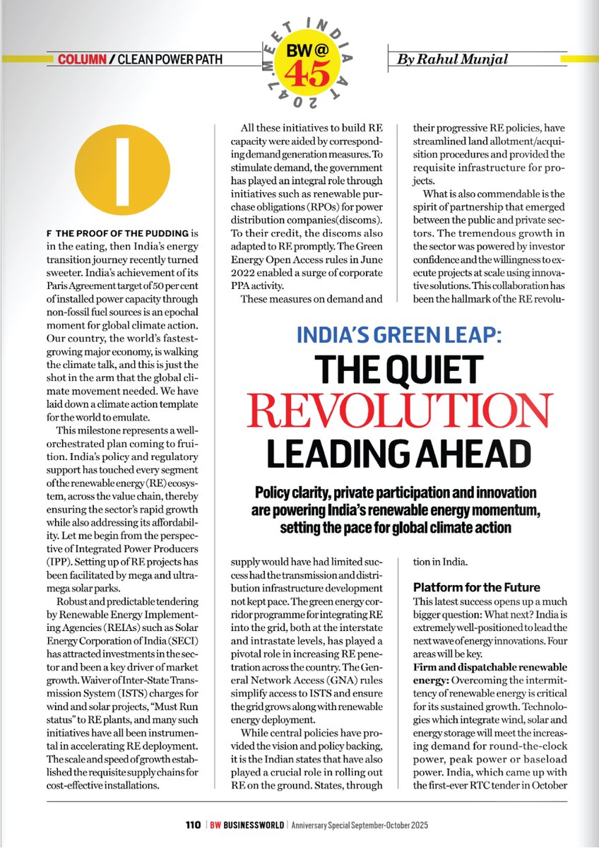 HeroFuture_HFE's tweet image. In an article in the anniversary issue of Businessworld magazine, our CMD, Mr. Rahul Munjal, talks about the significant milestone India has reached of achieving 50% of installed power capacity through non-fossil fuel sources, five years ahead of time. 
#HFE #ThoughtLeadership