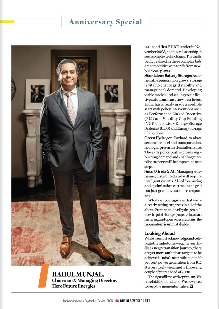 HeroFuture_HFE's tweet image. In an article in the anniversary issue of Businessworld magazine, our CMD, Mr. Rahul Munjal, talks about the significant milestone India has reached of achieving 50% of installed power capacity through non-fossil fuel sources, five years ahead of time. 
#HFE #ThoughtLeadership