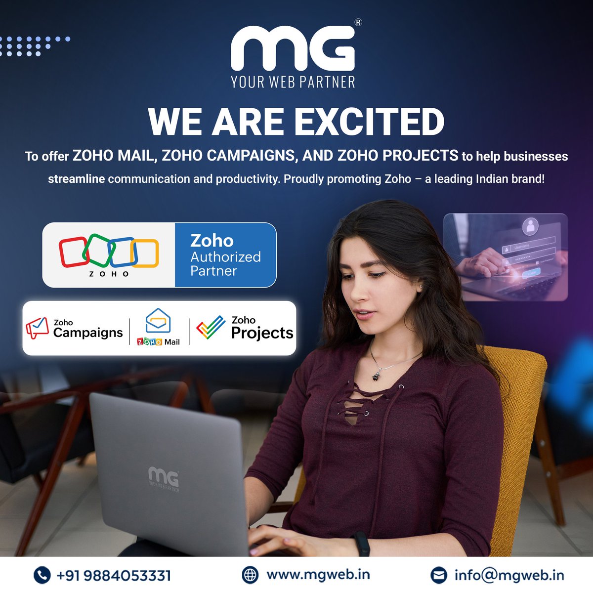 MGWEB_IN's tweet image. Elevate your business presence by migrating to Zoho today.

From seamless communication with Zoho Mail, to impactful marketing through Zoho Campaigns, and efficient project management via Zoho Projects — we’ve got you covered!

#mgweb #zohopartner #zohomail #zohocampaigns #