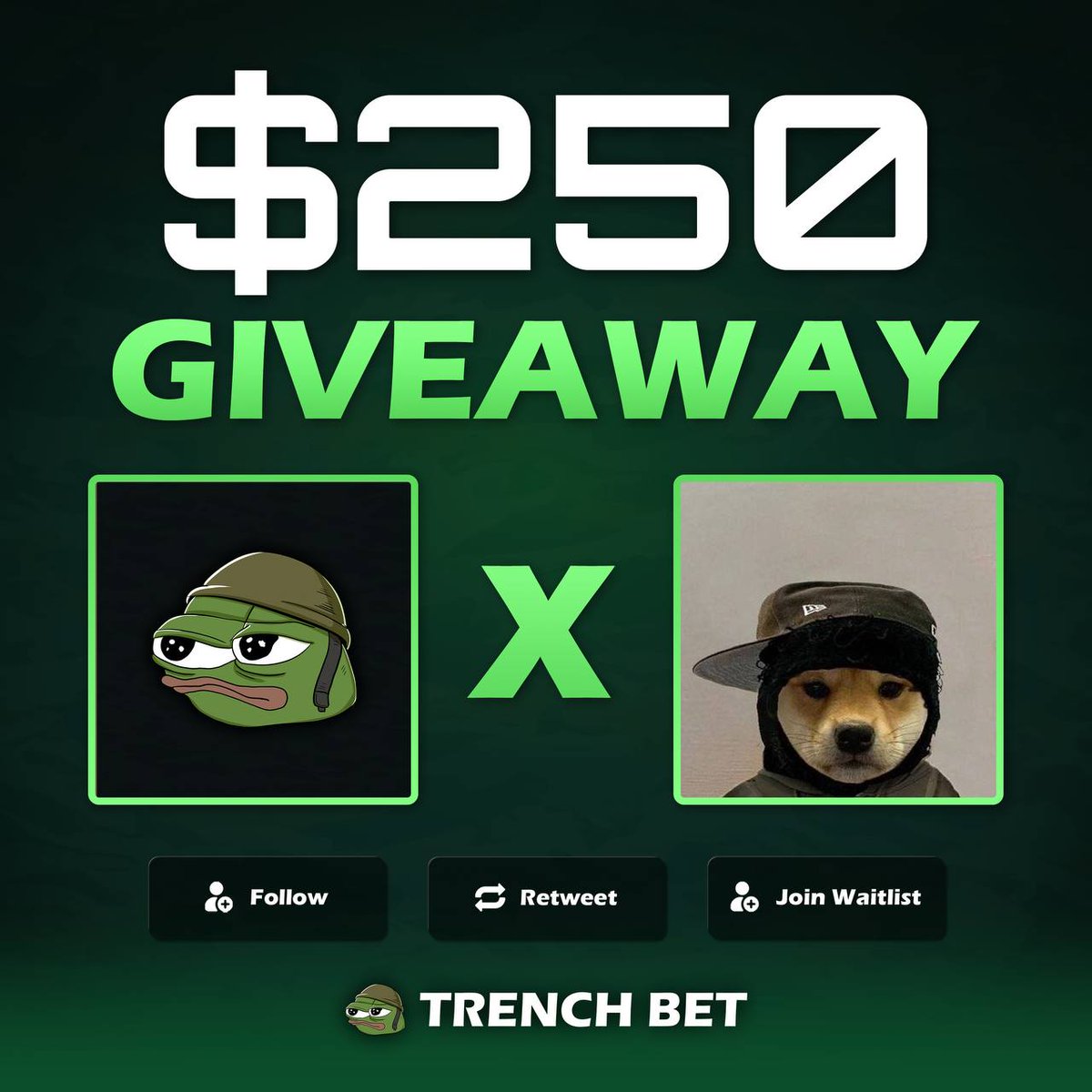 Rep100x's tweet image. $250 Giveaway! 

• Follow @trenchbet x @Rep100x
• Like &amp;amp; RT
• Drop your Solana Wallets 
• Sign up trenchbet.com/r/rep100x

Ends in 72 Hours