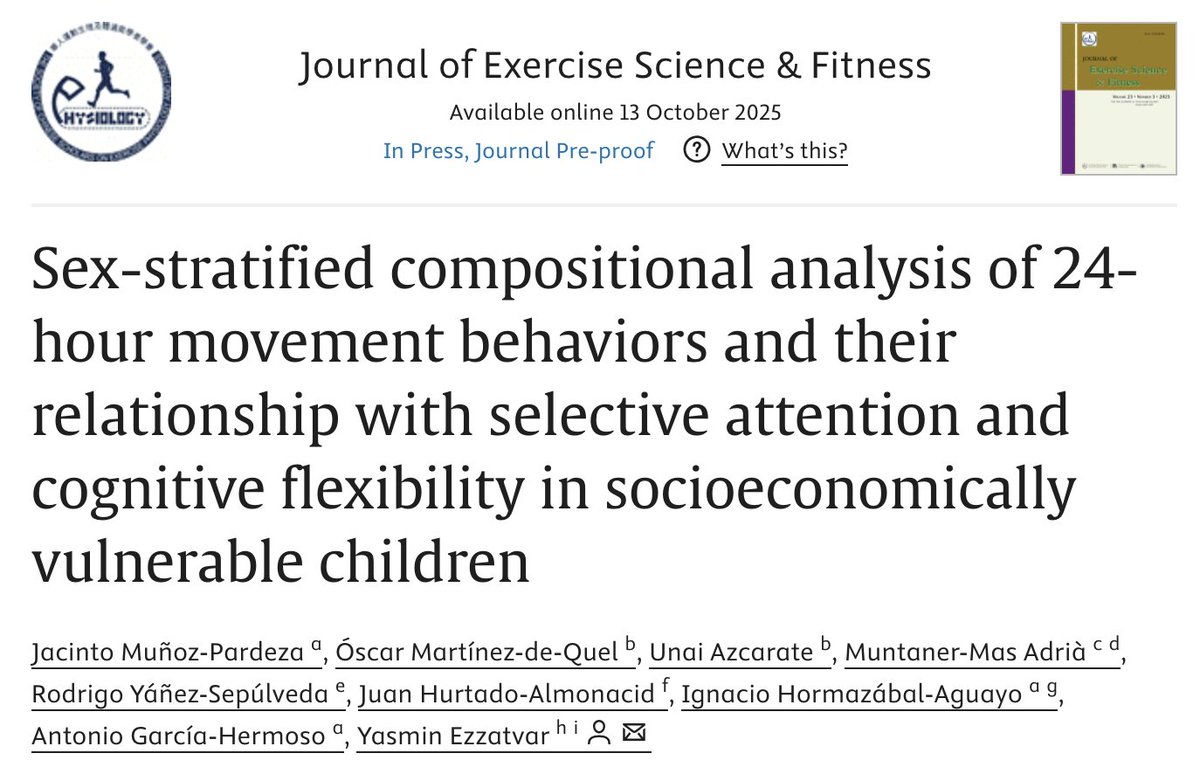 Just published!🔥

📊Compositional analysis in socioeconomically vulnerable Chilean children (n=161) 🇨🇱
🧒More MVPA: better concentration, processing speed &amp; cognitive flexibility✅
👧No associations❌

🧠Sex differences in 24h movement–cognition links.
🔗doi.org/10.1016/j.jesf…