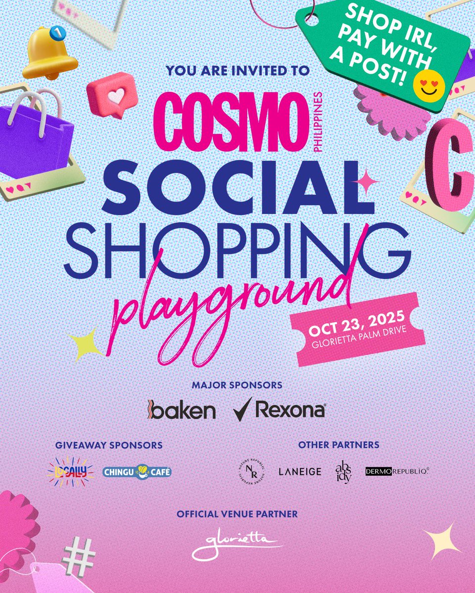 cosmo_ph's tweet image. Come hang at the Cosmo Social Shopping Playground on October 23 at Glorietta Palm Drive! 🛝

It’s giving major shopping + social vibes 💅✨ Shop IRL, pay with a post—it’s the ultimate spot for beauty lovers  like you! 💖 Scan the QR code to register! 😉

#CSSP2025 #CosmoPH