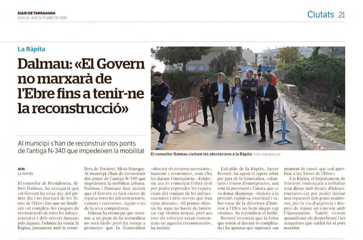 És que no "ha de marxar", ni de les Terres de l'Ebre ni de cap altre lloc del país.

Perquè això no va de fer unes faenes puntuals per atendre les necessitats d'ara i llestos. 

Això va de governança, de seguiment, d'acompanyament, de manera de fer, hi haja emergència o no.