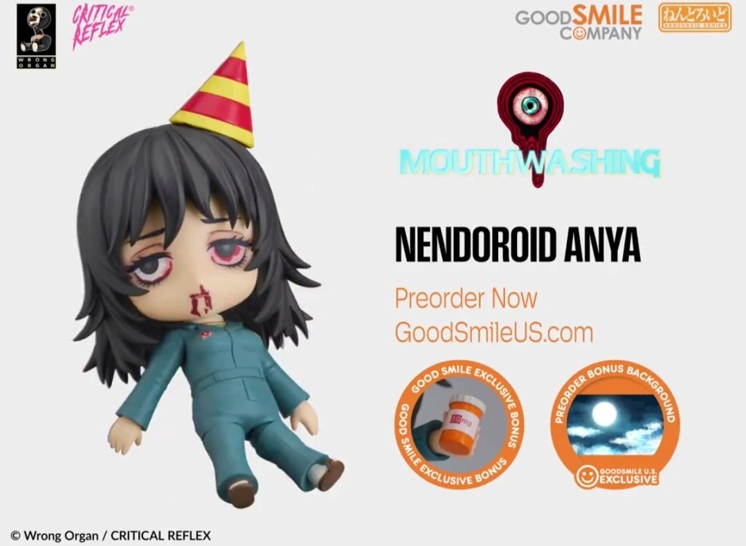 MMGMagic's tweet image. This is the perfect frame to depict how the devs treat Anya&apos;s character: A silly party hat put on top of a chibi depiction of suicidal overdose, removed from its context or meaning. The pills used in said suicide being sold as a preorder bonus to incentivise sales via FOMO.