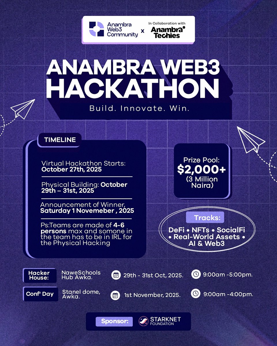 anambraweb3conf's tweet image. ANNOUNCEMENT !!!: ANAMBRA WEB3 HACKATHON 2025 "Build. Innovate. Win." 🥳
Get ready to showcase your creativity, innovation, and technical brilliance at the Anambra Web3 Hackathon 2025 the official hackathon of the Anambra Web3 Conference 2.0!
🎯Prize Pool: $2,000+ (₦3…