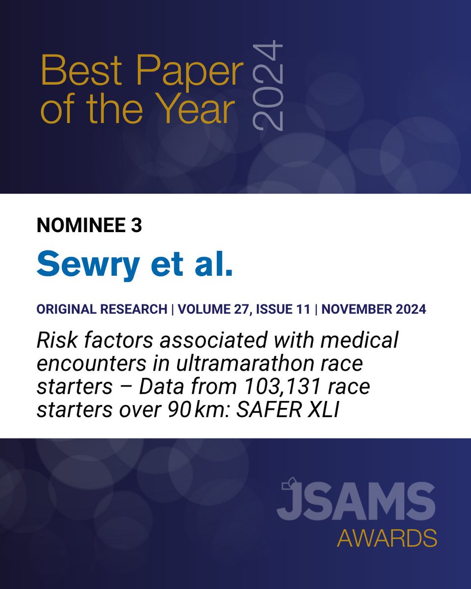 _JSAMS's tweet image. We’re excited to announce the third #JSAMS Best Paper nominee, Nicola Sewry et al.

Their study found female runners, extreme paces, heat and the “down” route increased medical risks in the Comrades Marathon.

Read: zurl.co/fYTGm

#SportsMedicine  #JSAMSBestPaper