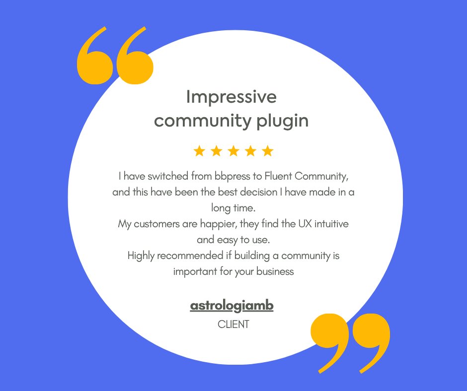 FluentCommunity's tweet image. ⭐ 5-Star Review Spotlight! ⭐

We love hearing stories like this! ❤️
FluentCommunity is designed to provide you and your members with a smooth, modern, and fully WordPress-native community experience.

#wordpress #Review #fluentcommunity
