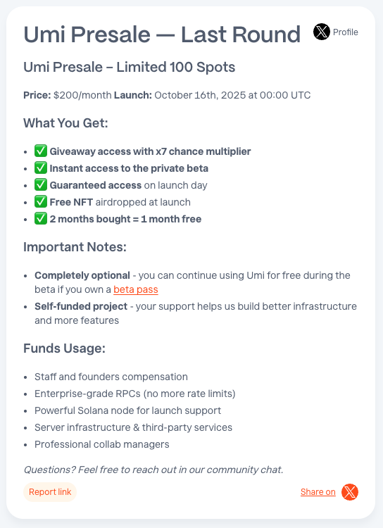 🥰 Umi is launching soon and we're having a last presale before we go live!

Interested? Join discord.gg/umibot and visit our <a href="/helio_pay/">helio_pay</a> page → app.hel.io/pay/68ef5a8bce…

See you on Umi🌸