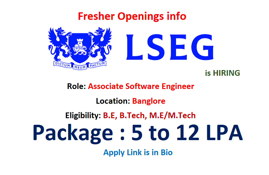 softwareduniyas's tweet image. LSEG is hiring #Freshers for Associate #Software Engineer.
Location: #Banglore
Eligibility:
- Bachelor’s degree with Good command of SQL & relational database design.
- Understanding of Java and working knowledge of Python.
Link: lseg.wd3.myworkdayjobs.com/Careers/job/IN…
#LSEG #Banglorejobs