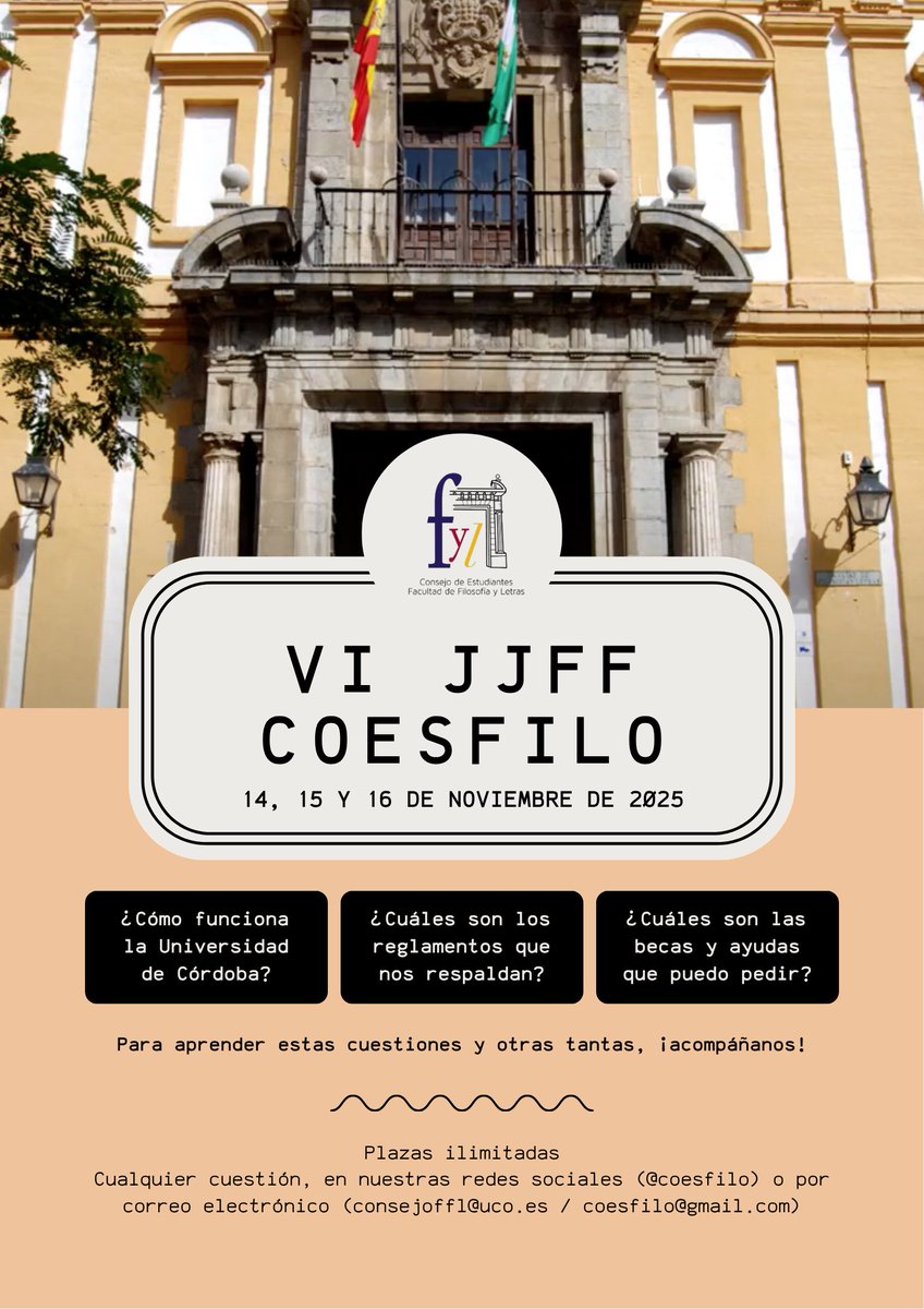¡Buenas! Os presentamos las VI Jornadas de Formación del COESFILO, que se celebrarán los días 14, 15 y 16 de noviembre en la Facultad de FyL🎉 Quien esté interesado/a, que se inscriba y, en caso de duda, contad con el equipo🫶 ¡Os esperamos!❤️

⬇️Enlace en el hilo⬇️