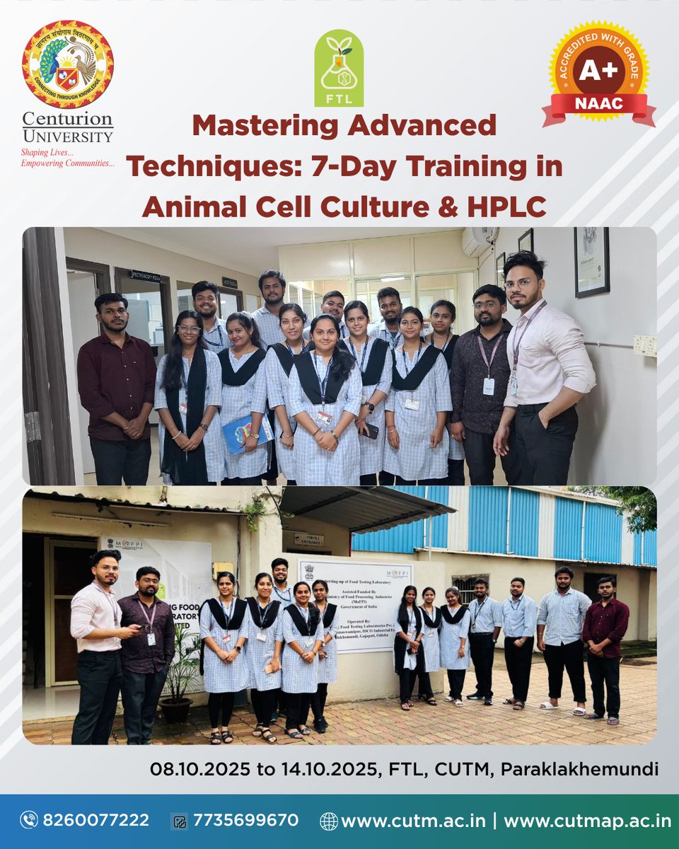 CUTMIndia's tweet image. Our dedicated MSc students successfully completed intensive 7-day training in Animal Cell Culture &amp;amp; HPLC. The program covered plant extract effects and bioactive compound quantification, equipping them with cutting-edge research skills.

#hplc #cutm #cutmap #cutmpkd #cutmbbsr
