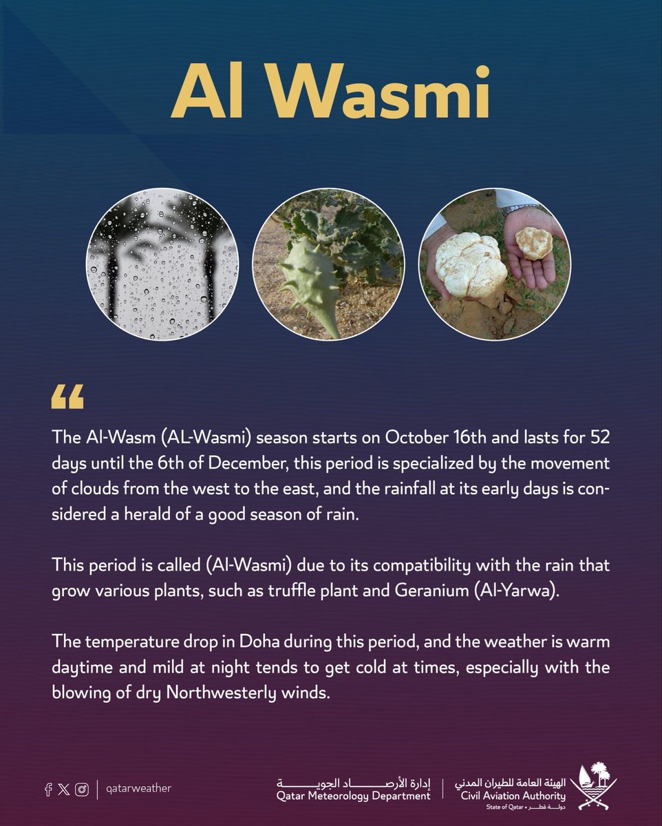 thisisqtr's tweet photo. Today marks the beginning of Al-Wasmi season 🌧️ — a 52-day period known for early rains, cooler weather, and the revival of nature across Qatar. 🌿
Warm days, mild nights, and a hint of freshness in the air — the perfect start to the season of renewal. 🍃 https://t.co/IPeTbAYR8L