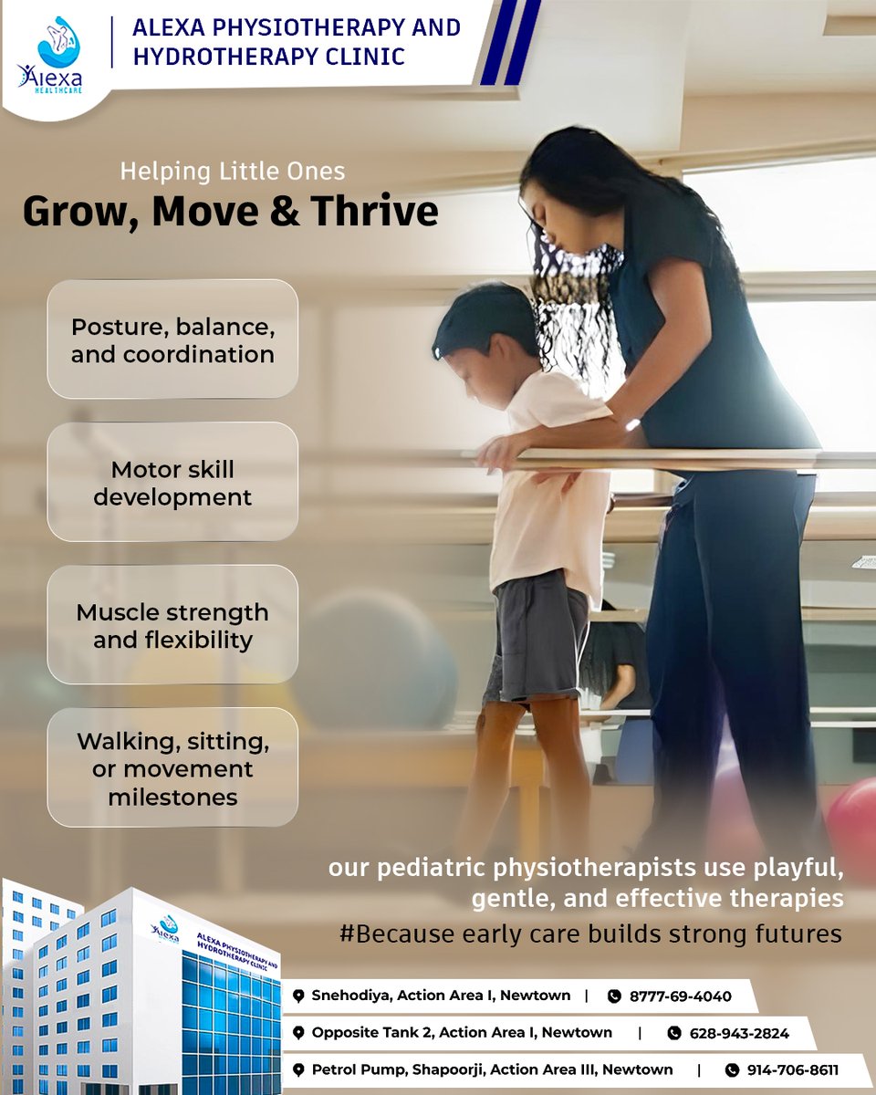 Our specialized Child Physiotherapy &amp; Developmental Care helps little ones improve strength, balance, and motor skills — through fun, gentle, and effective therapy. 

Locations:
* Snehodiya, AA I, Newtown
* Opposite Tank 2, AA I, Newtown
* Petrol Pump, Shapoorji, AA III, Newtown