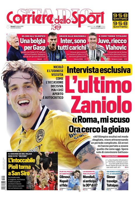 Front Page, La Corriere dello Sport, Thursday 16 October 2025