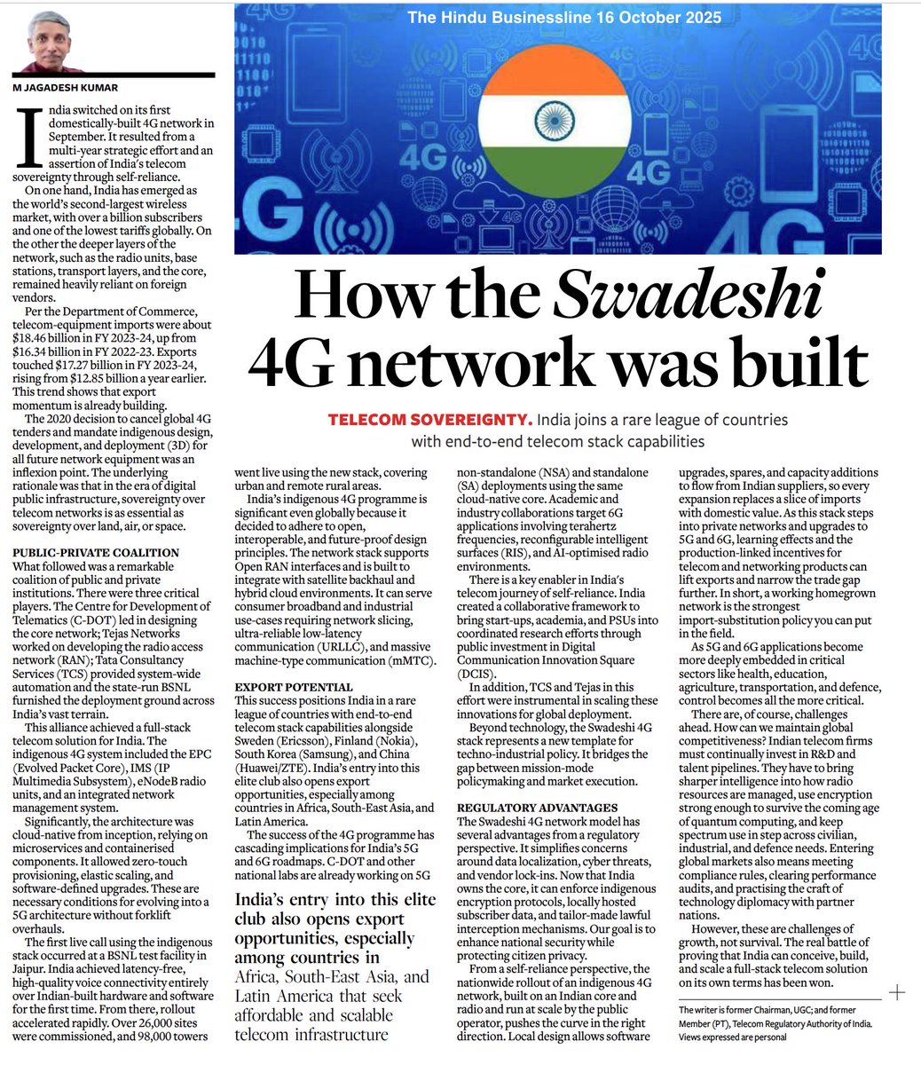Today, I write my opinion piece in The Hindu Businessline: "How the Swadeshi 4G network was built - India joins a rare league of countries with end-to-end telecom stack capabilities.”
thehindubusinessline.com/opinion/how-th…
