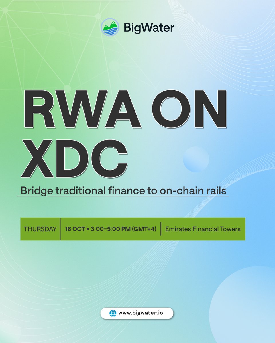 BigWater (@bigwprotocol) on Twitter photo RWA on XDC β turning traditional assets into programmable markets.
BigWater is participating alongside <a href="/XDCNetwork/">XDC Network</a> to explore tokenizing bonds, real estate, and trade finance for faster issuance, transparent settlement, and global reach.
Thu 16 Oct β’ 3:00β5:00 PM (GMT+4) β’ RWA on XDC β turning traditional assets into programmable markets.
BigWater is participating alongside <a href="/XDCNetwork/">XDC Network</a> to explore tokenizing bonds, real estate, and trade finance for faster issuance, transparent settlement, and global reach.
Thu 16 Oct β’ 3:00β5:00 PM (GMT+4) β’
