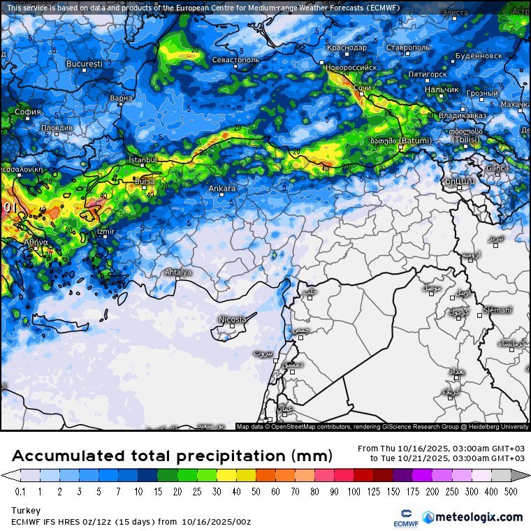 ECMWF sabah güncellemesi 120 saatlik yağış haritası
Önümüzdeki günlerde Kuzey Ege, Trakya hariç Marmara ve Karadeniz’de yağışlar bekleniyor