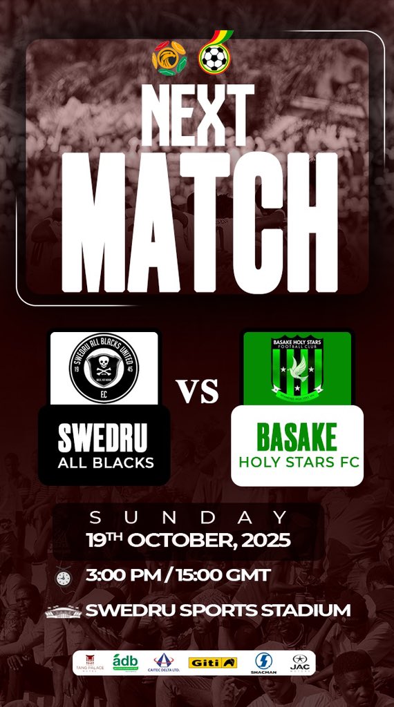 🚨NEXT MATCH

🆚 Baseke Holy Stars
🏟️ Swedru Stadium 
📆 October 19, 2025.

⚪️⚫️ #𝐓𝐡𝐞𝐁𝐥𝐚𝐜𝐤𝐌𝐚𝐠𝐢𝐜𝐢𝐚𝐧𝐬 #𝐎𝐳𝐢𝐢𝐎𝐳𝐚𝐚