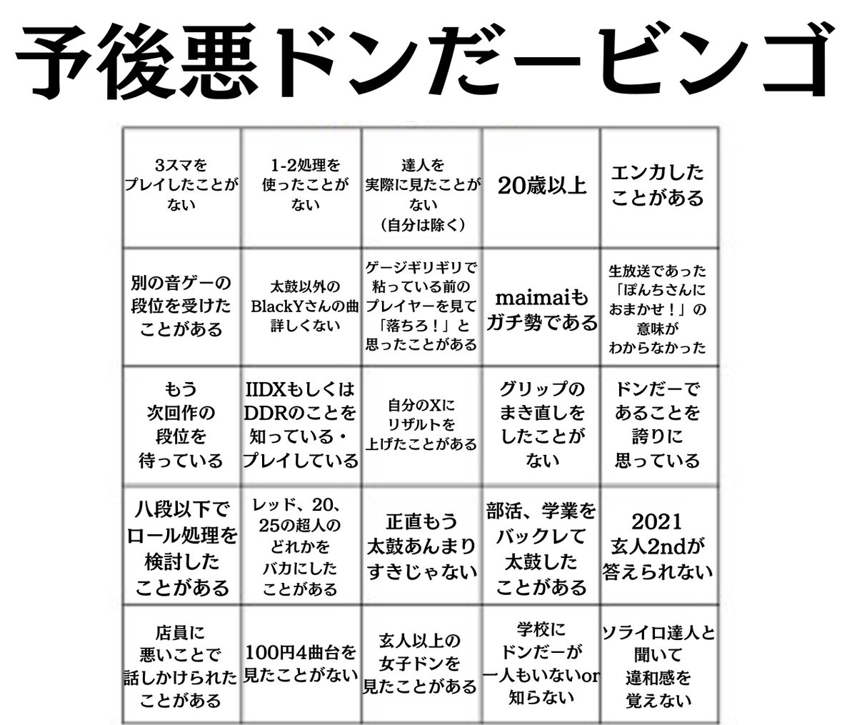 Solitude_Donder's tweet photo. 予後悪ドンだービンゴ
はやりに乗って作りました
ぜひどうぞ
一列でも揃ったら結構まずいです https://t.co/RthuunZPr0