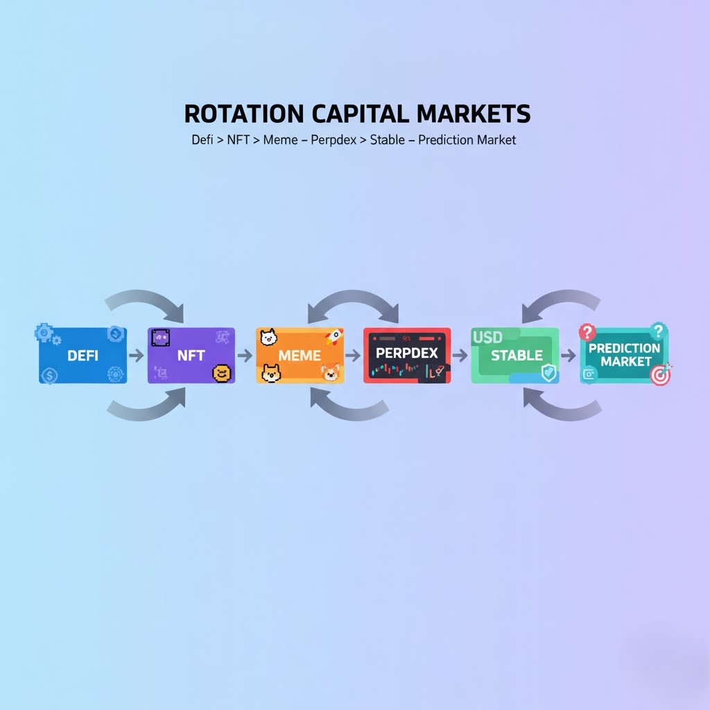 Alarark10's tweet photo. [Zero-Sum Game]
The cryptocurrency market is cyclical and, at its core, a zero-sum game. This is a given. The total supply of currency is fixed, and the capital within the market is therefore limited. Consequently, for someone to profit, someone else must lose. The combined total of all profits and losses—whether from nations, exchanges, VCs, whales, or retail investors—is zero. Plus and minus equal zero.

[The Cycle of Liquidity]
We are all constantly fighting to exchange our cryptocurrencies for fiat currency. Our ultimate goal is to swap as many of our crypto assets for fiat currency (like USD) as possible within this market. The problem is that the market is cyclical. Liquidity flows to wherever it is being directed.

[Rotation capital markets]
DeFi -> NFT -> Meme -> Perpdex -> Stable -> Prediction Market -> ?

Market liquidity rotates. As liquidity moves to the markets on the right, it drains from the markets on the left. Why does this happen? The reason is simple.

As you move left, everyone realizes that those markets were bubbles filled with scams and illusions. Participants in the crypto market join to make money, and a market where they can't make money is not attractive.

The DeFi and NFT markets, which once attracted massive liquidity and led bull runs, are now dead. Their concepts haven't completely disappeared, but no one is jumping into them to make big money anymore. This is because everyone has realized they are unprofitable bubbles. Most retail investors and VCs no longer stay in these dead markets.

Conversely, institutions and VCs are increasingly moving to the right. New markets are new opportunities for them to attract retail investors. Where big investors go, retail liquidity follows. Crypto market participants are always looking for new things and moving toward where the money is.

The Inevitable Problem of Attracting Liquidity

To attract retail investors to a market, you need a success story. Preliminary investments from institutions and VCs aren't enough. As mentioned before, this is a zero-sum game. For there to be a buyer, there must be a seller, and vice versa. When there are fewer players in a market, there's a limit to the potential profit. A market with a small number of players isn't attractive.

Therefore, it's crucial to spread dreams and success stories to draw in retail investors. When a market is widely known to be highly profitable, the majority of crypto participants will rush to join. The flow of liquidity is like a multi-level marketing scheme.

[An Effective Product Promotion Pattern]
An effective method for promoting a product or market generally follows these steps:

1. Success Story (Airdrops, High Profits)
2. FOMO
3. Method Sharing
4. Viral Spread and Frenzy
5. Entrenchment

Let's break down these steps in more detail:

1. Success Story
First, a success story is created by giving large airdrops to early contributors or by showcasing people who have made huge profits. They also continuously launch products that promise a 'season 2' of airdrops or even bigger gains. This leads to the next step: FOMO.

2.FOMO
 Those who made high profits early on continually post about their success to trigger FOMO. This exposure to success stories and constant related posts creates a sense of 'Fear Of Missing Out' in other market participants. They become consumed with the desire to join right away, believing they will be left behind and miss out on big profits if they don't. This phase is where a large number of potential participants, ready to jump in as soon as they know how, are generated. It's the prelude to hype.

3. Method Sharing
Once FOMO has taken root, people start sharing how to participate in the product or market and make a profit. Typically, those who created the success stories share the methods that made them successful. They explain how to use the platform—farming methods for airdrops, trading NFTs on a marketplace, or trading meme coins on a launchpad. At this stage, those who share these methods often use referral links to get bonus income (like points or tokens) and accelerate their own asset growth.

4. Viral Spread and Frenzy
 This is the stage where the new participants themselves become the promoters, not just the original rumor spreaders. 

Like a virus, many individuals start advertising the product through their posts, increasing its exposure in the crypto market. This leads to more hype, which in turn fuels more participation and trading volume, causing the product's value and chart to climb. This creates a virtuous cycle of amplified FOMO and product exposure. 

Everyone enjoys watching the chart and their profits rise endlessly, dreaming of a bright future with huge gains. At this point, the founders and participants of the product are filled with euphoria.

However, the joy of everyone making a profit doesn't last forever. This is a zero-sum game. 'Season 2' and 'Season 3' of airdrops and rising token prices are only effective as long as the hype and liquidity inflow continue. At the point where liquidity starts to exit, the product and market face a reckoning.

5. Entrenchment
 This is the decisive phase that determines the product or market's sustainability. It reveals whether it can consistently attract participants or not. Typically, this judgment happens when another market becomes more attractive. 

When the hype dies down and liquidity starts to move elsewhere, the expected airdrop rewards begin to shrink, and the token chart starts to decline. This is when people begin to have doubts.Most products and markets fail at this stage because the majority of them rely on temporary hype. 

If a market can instantly lose its liquidity to the appeal of another, it proves it has nothing but volatile hype. And yet, this market's liquidity depends on hype-driven inflows.

So, what's the problem with these failed products and markets? They failed to generate sustained hype. To prevent losing liquidity to other markets, a product or market's appeal must be progressively enhanced. This means a user-friendly UI, a stable operating environment, consistent communication, lower fees, and higher rewards (airdrops) than competitors.

 All of these must be organically linked to create an endless flywheel of hype. Only when this is achieved can the entrenchment of market participants be successful. These entrenched participants become loyal users, which in turn becomes a sustainable source of income for the product and market. This is also known as a community. A community with loyal users is very powerful. They don't just sit still; they actively help grow the market they are a part of by attracting others. These are crucial players in the crypto market. The ultimate goal is to get as many participants as possible to become entrenched as loyal users. 

 It's important to remember that the rewards can't stop. A product or market without rewards is not appealing. If a new opportunity with higher profits or rewards appears, people will simply leave. To attract and retain a large user base, you need continuous airdrops, cashbacks, and high-profit products. This cycle of rewards -> hype -> reward announcements -> ... must be maintained.

[Current Liquidity Flow]
(Market Flow)
Perpdex -> Meme -> Stable

(Product Flow)
@Aster_DEX  -> @BNBCHAIN Meme
The recent liquidity flow follows the pattern described above. The market trend is shifting from Perpdex to Meme, and then from Meme to Stable. In terms of products, liquidity moved from the Binance-backed Perpdex, Aster, to BNB Meme.

This liquidity flow perfectly followed the 'Effective Product Promotion Pattern' with large-scale airdrops and announcements of future ones, as well as listings on @binance  Spot and Futures.
They understood and easily executed the rewards -> hype -> reward announcement structure. As a result, they were able to attract and maintain a massive amount of liquidity that was unseen in other markets.

The Current State of the Meme Market: The Rise of BNB Memes and the Fall of SOL Memes

SOL -> XPL -> BNB

Meme coins are no longer exclusive to the Solana chain. @solana's liquidity is drying up. Solana meme coin traders are no longer staying only on Solana. With the recent bull run of XPL and BNB meme coins, people have become comfortable bridging to other chains.

Solana's main launchpad, @pumpdotfun, now only extracts fees and doesn't offer airdrops or other rewards. This is a major reason why market participants are easily moving to other chains. Everyone has grown tired of Solana.

@a1lon9 killed the Pumpfun and Solana memes..