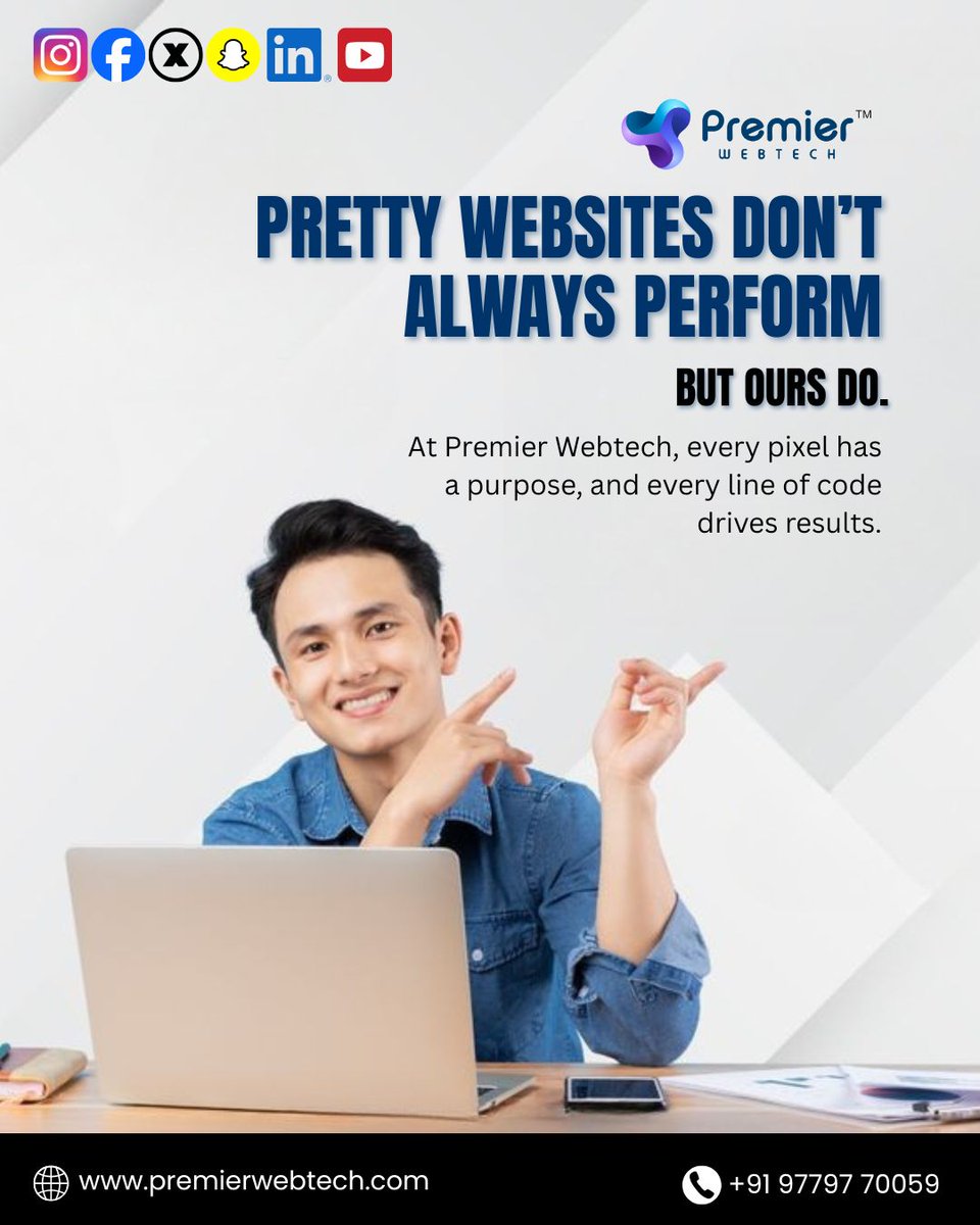 premierwebtech8's tweet image. Pretty websites don’t always perform—ours do! 
At Premier Webtech, every pixel and line of code drives results. 
#GraphicDesignerJalandhar #DigitalMarketingAgency #WebDevelopmentServices