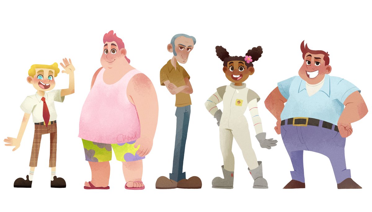 gaelme's tweet image. There has been an effort for a while now to make my drawings more cartoony/have diverse shapes and silhouettes. An attempt to counter same face/body syndrome. So here's a character design practice, drawing the Spongebob characters as humans.
#characterdesign #art